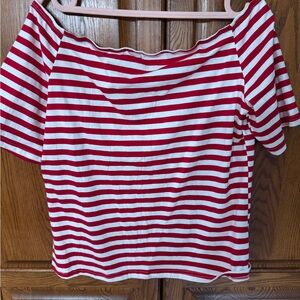 Women’s Red & White Striped Off-Shoulder Short Sleeve Top